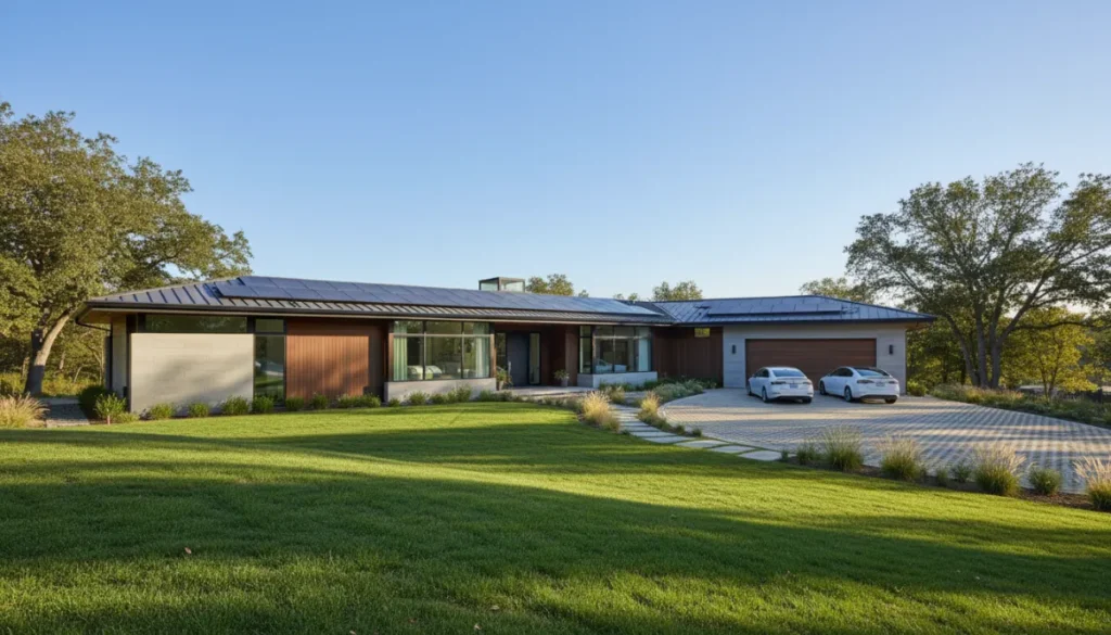 Photorealistic wide shot of a modern multi-bedroom family home with a green lawn and solar panels, sunny day.