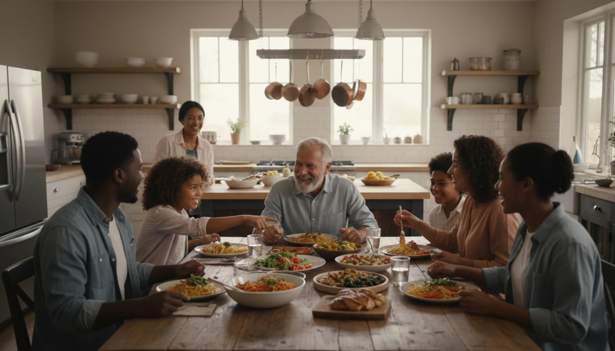Large family sharing a meal in an affordable housing unit