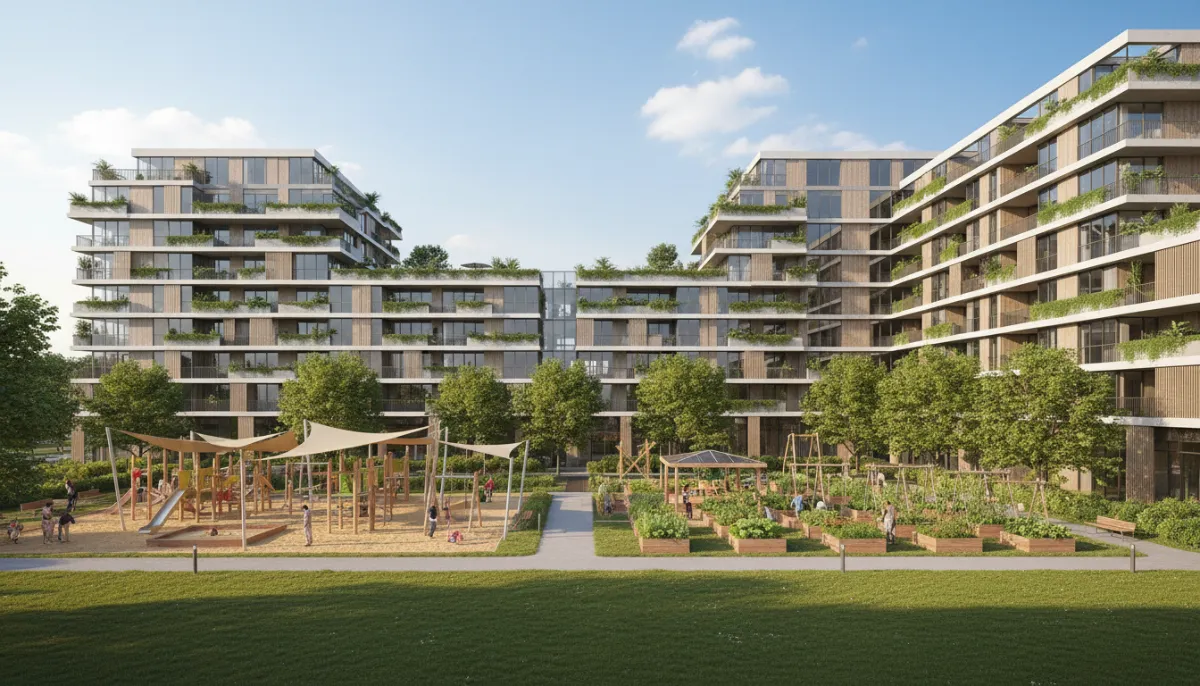 Modern affordable housing complex with amenities for children