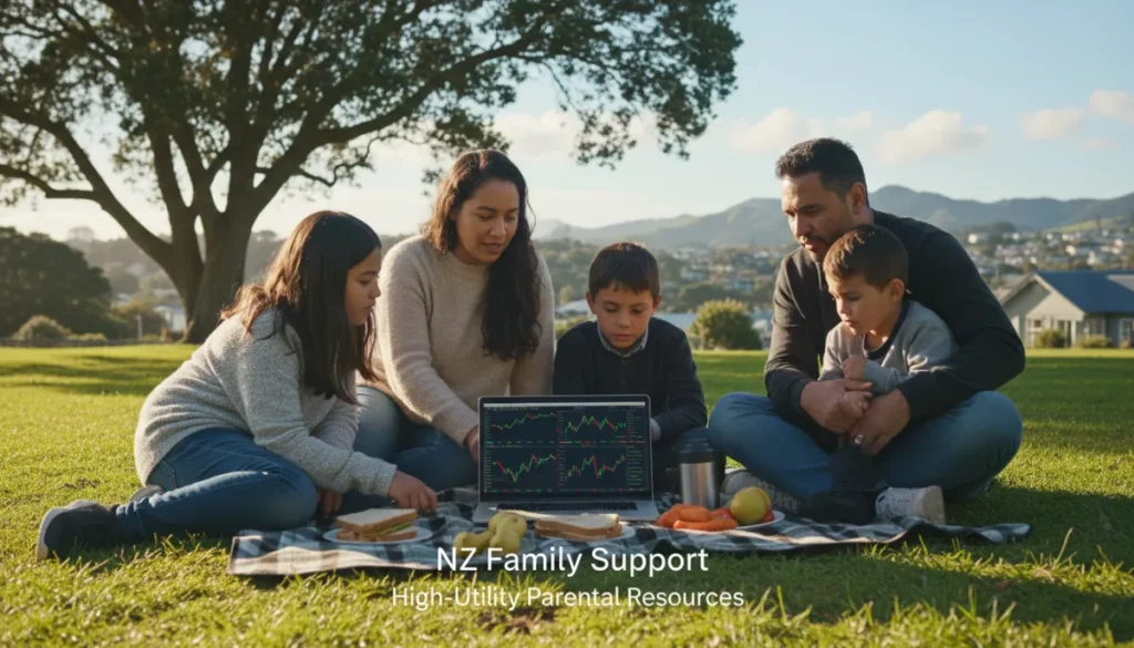 Photorealistic image of a diverse New Zealand family sitting together in a sunny Wellington park, a laptop open on a picnic blanket showing financial graphs, soft natural lighting, high resolution.