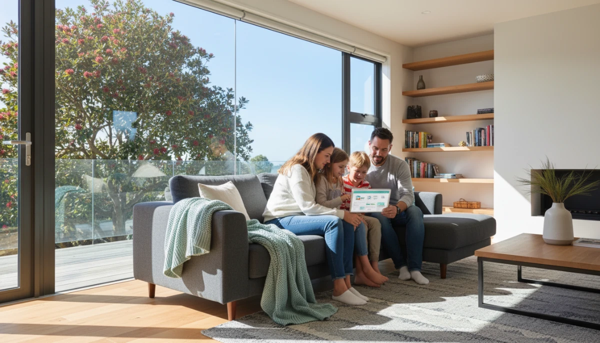 Kiwi family analyzing electricity bills in a modern home