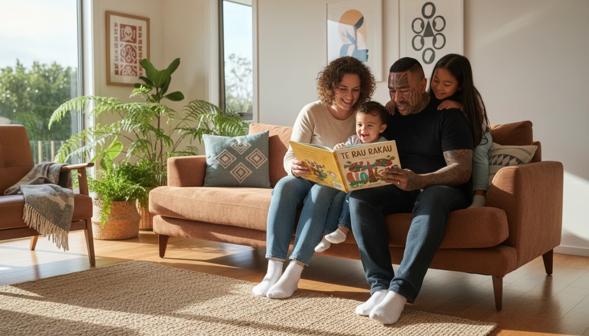 A New Zealand whānau practicing te reo at home together