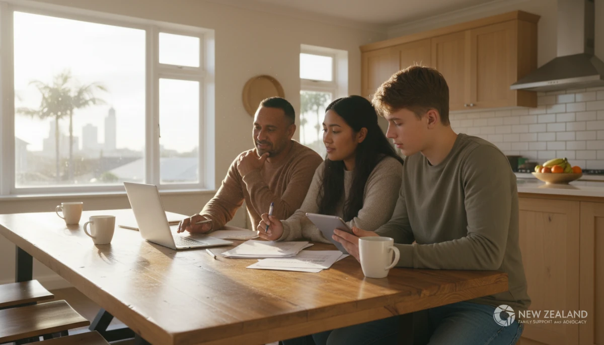 New Zealand family discussing cost of living support nz options