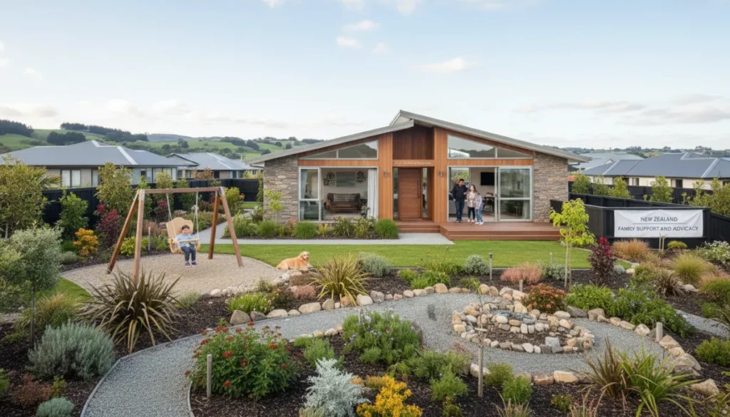 A wide-angle, high-resolution photo of a modern New Zealand suburban home with a beautiful garden, symbolizing a safe and supportive family environment for a child with special needs. Natural daylight, Nikon D850 style.