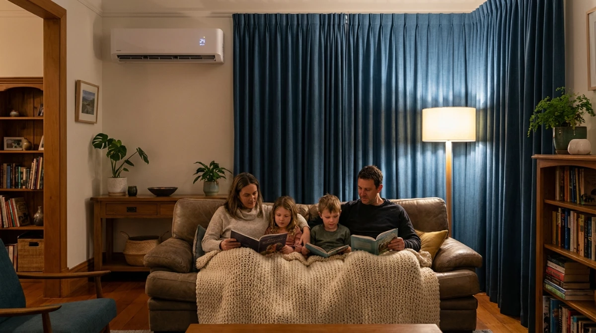 New Zealand family practicing energy efficiency in a warm home