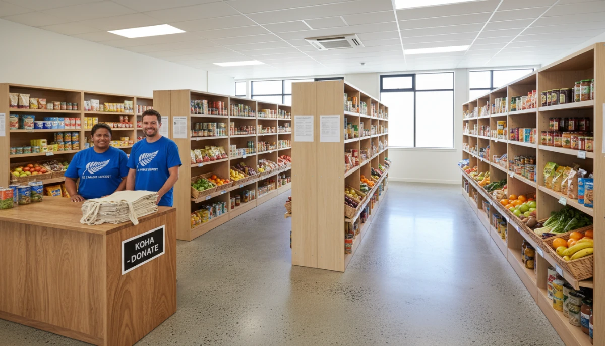 Staging of a local New Zealand food bank shelf with fresh produce