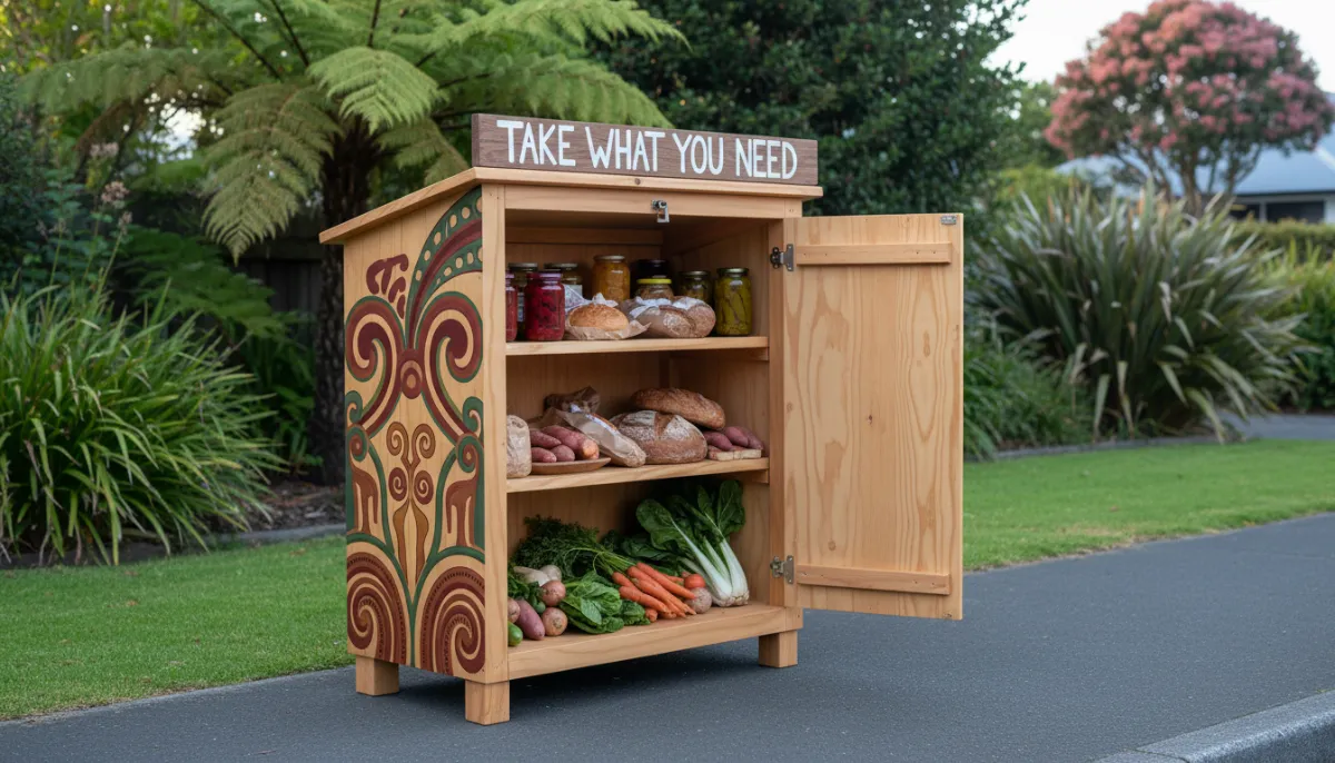 A traditional New Zealand Pataka Kai sharing shed on a residential street