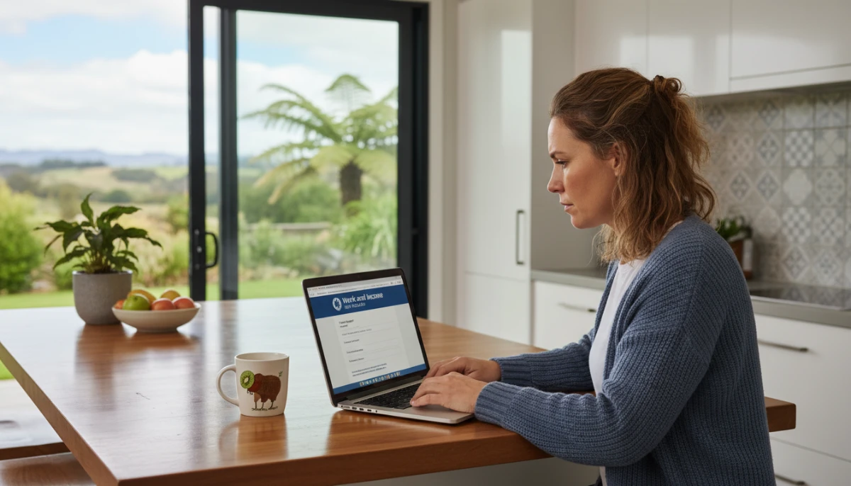 Person sitting in an Auckland kitchen to apply for food grant online using a laptop.