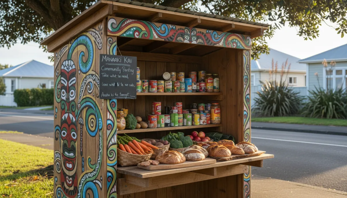 A colorful Pātaka Kai community pantry in a New Zealand suburb