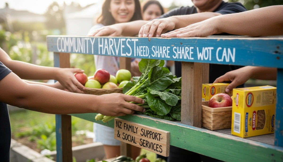 Hands stocking a community pantry with fresh NZ produce