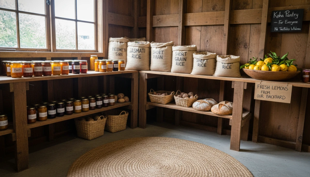 Interior of a stocked New Zealand community food stall