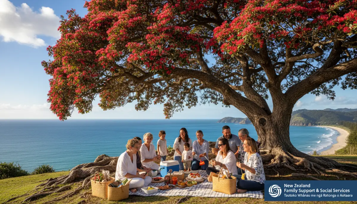 Summer family activities NZ picnic under Pohutukawa