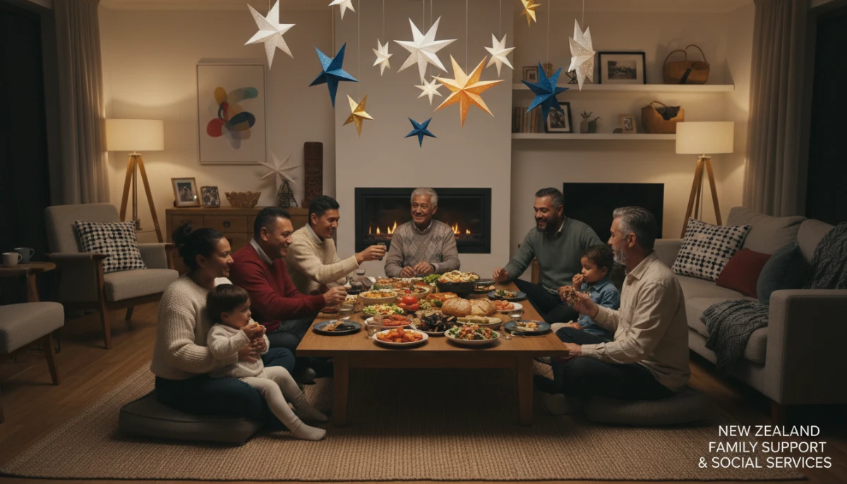 A New Zealand family celebrating Matariki with a feast