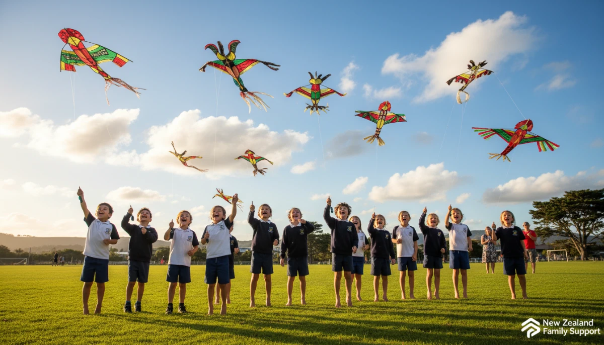 Children flying manu tukutuku kites in New Zealand
