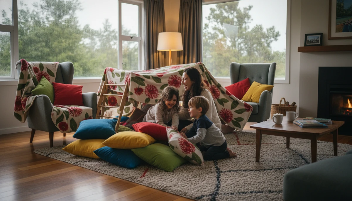 Family building a blanket fort for indoor activities for kids NZ