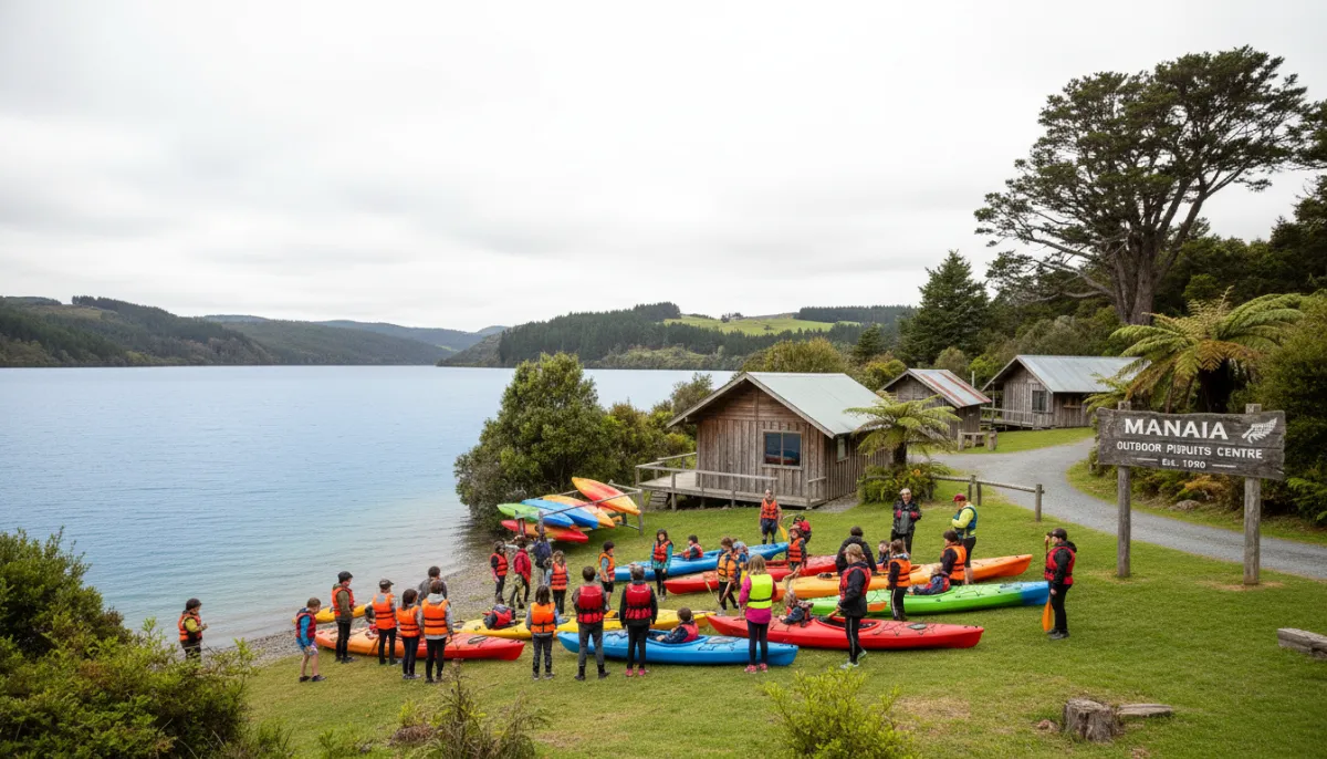 School camp site in New Zealand with kayaking activities