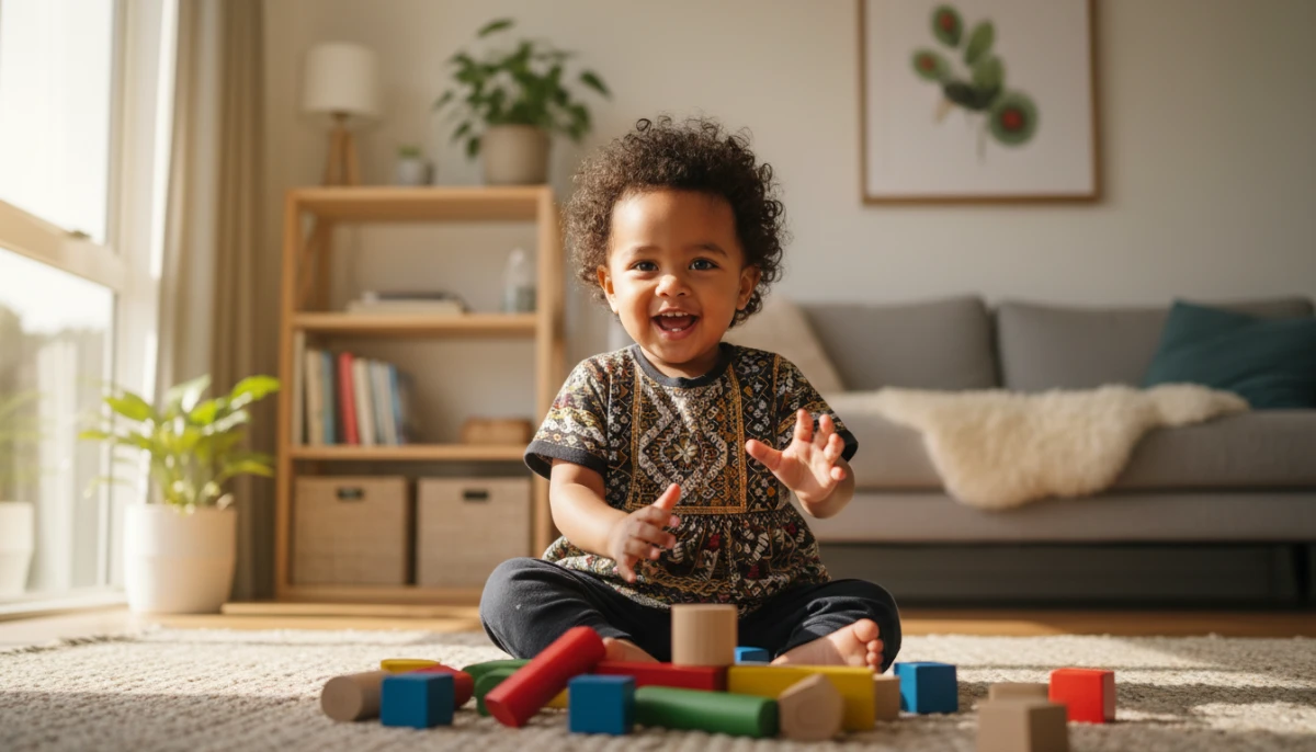 Active toddler playing with blocks in a New Zealand home representing signs of ADHD in toddlers nz