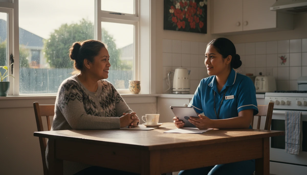 A New Zealand caregiver discussing carer support allowance NZ options with a professional