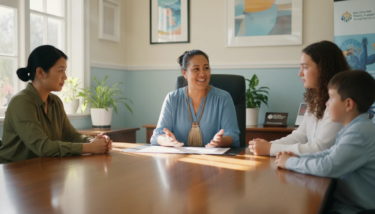Social worker assisting a family with housing applications in Auckland