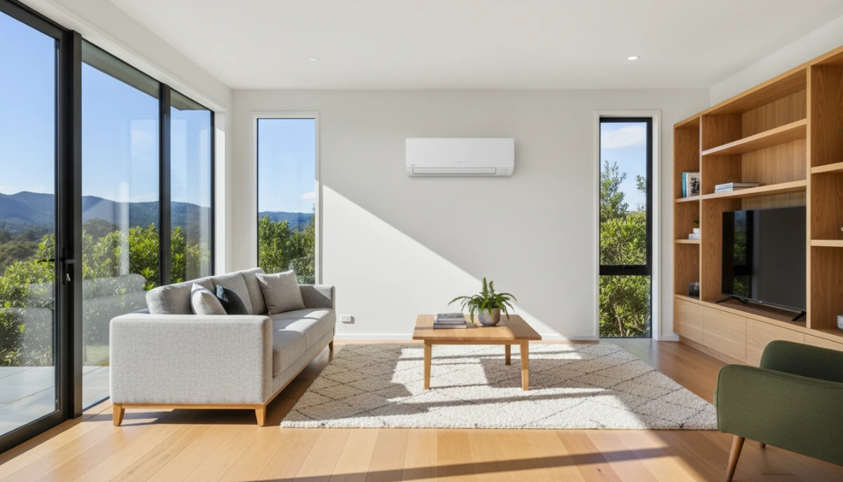 Modern NZ living room with heat pump compliance