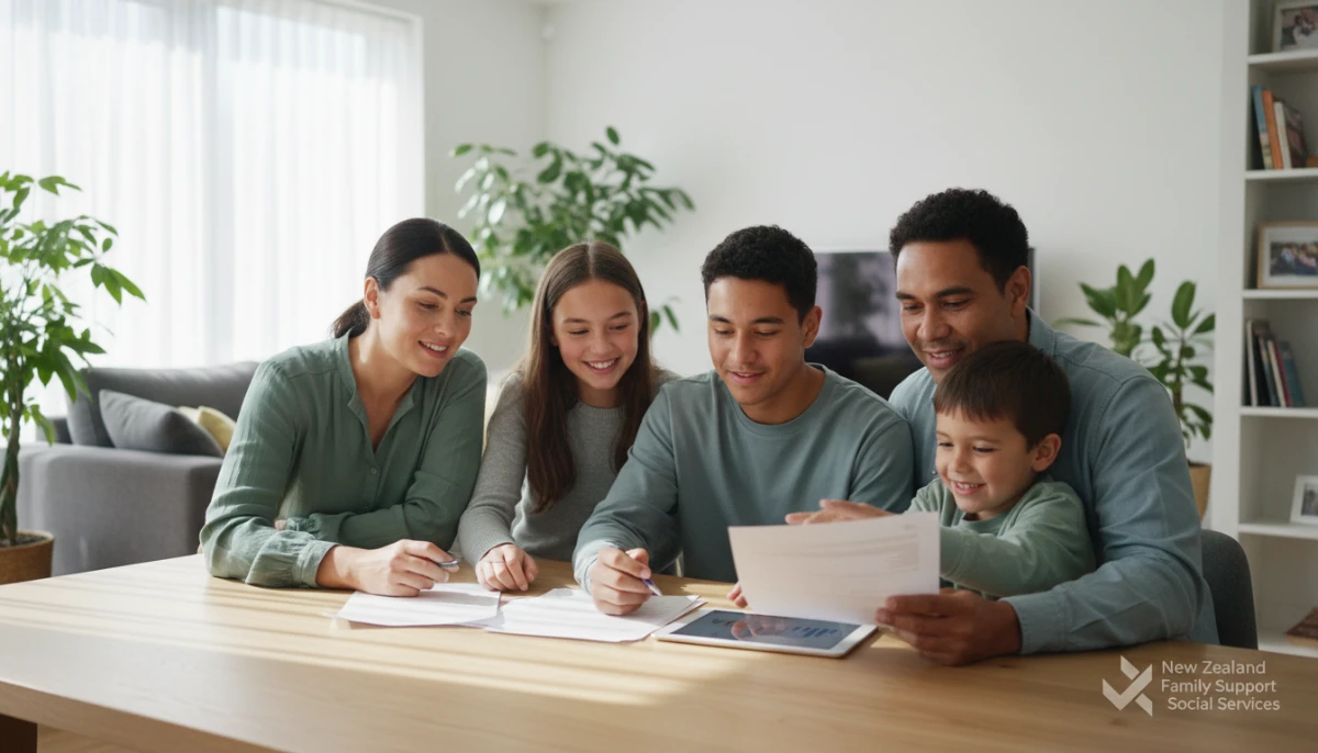 Family reviewing NZ social housing application documents