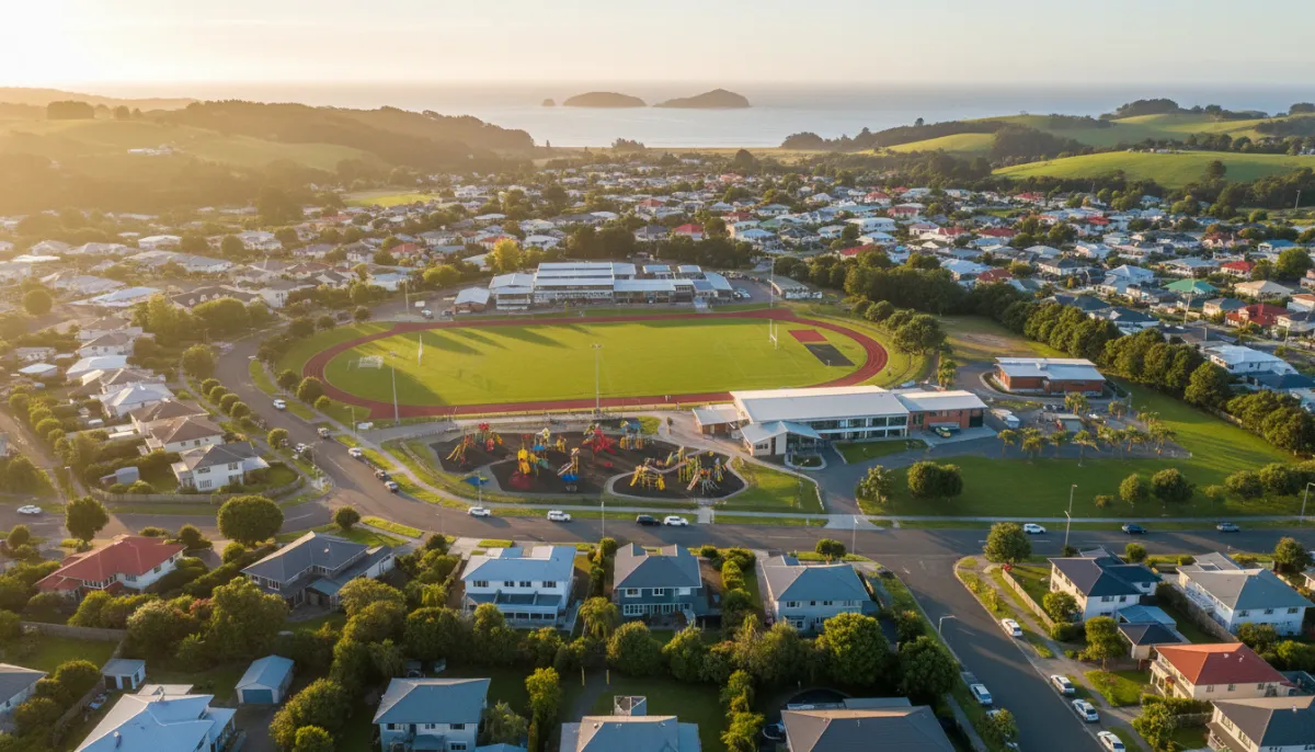 Aerial view of a New Zealand school and surrounding neighborhood