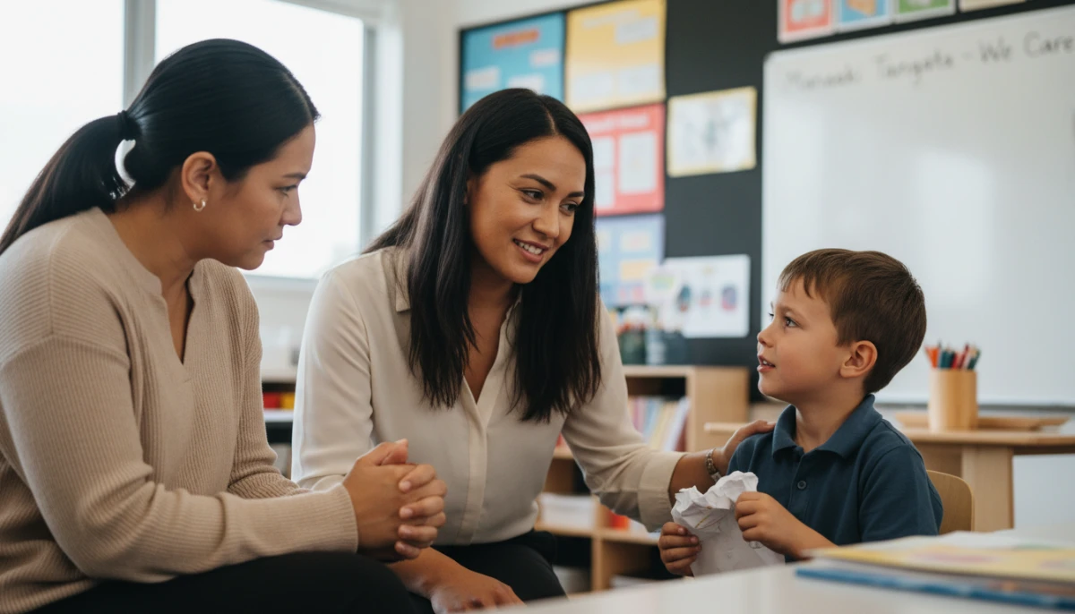 Teacher and parent collaborating on student safety