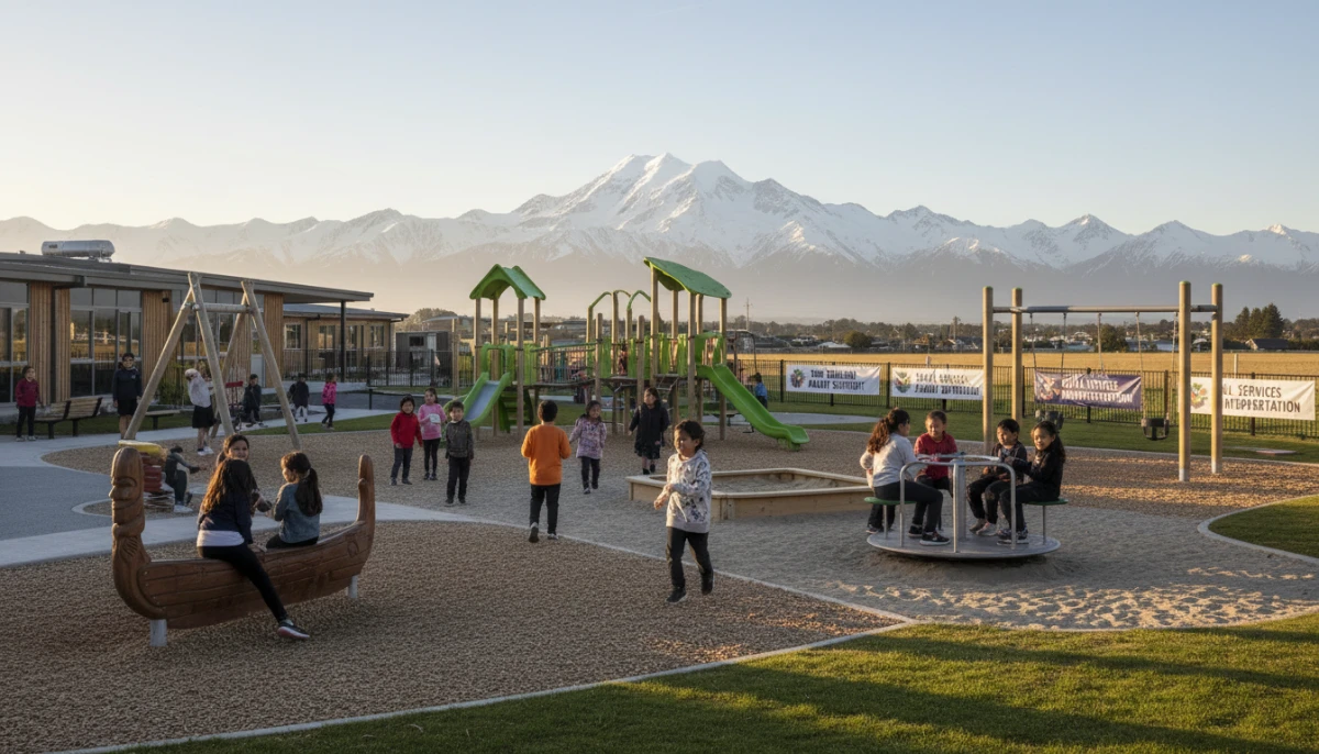 New Zealand school playground with mountain backdrop
