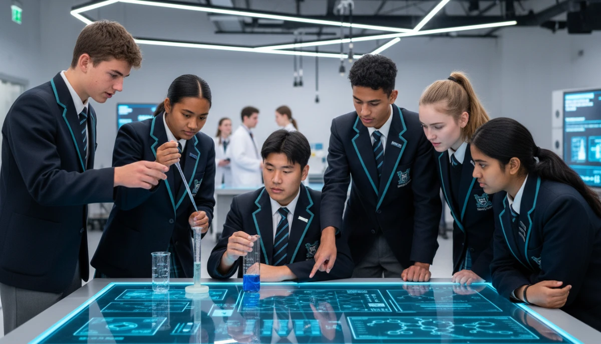 NZ high school students in a modern science lab
