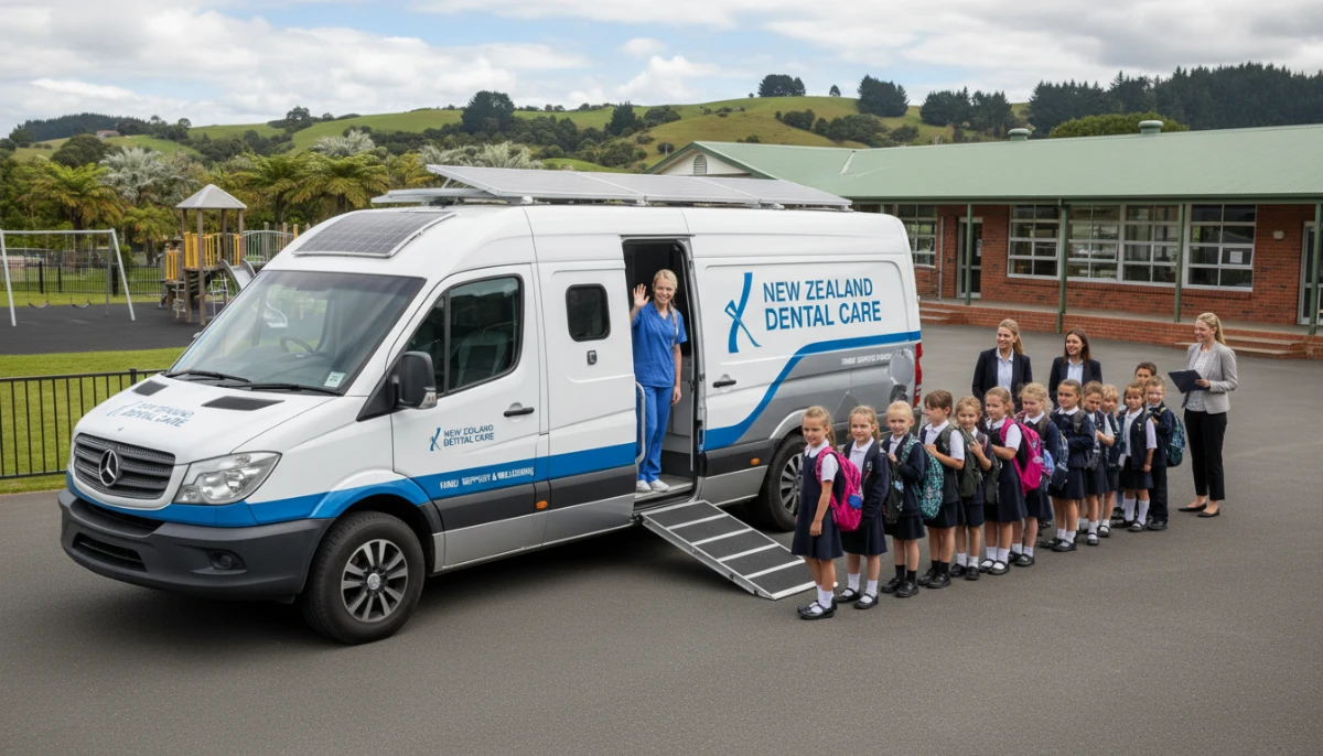 Mobile dental clinic at a New Zealand school