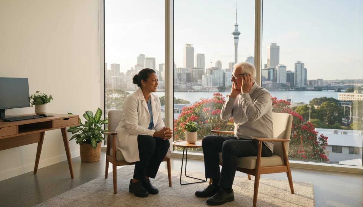 Kiwi doctor explaining High Use Health Card benefits to a patient