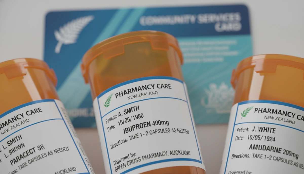 Close up of New Zealand prescription bottles and medical cards