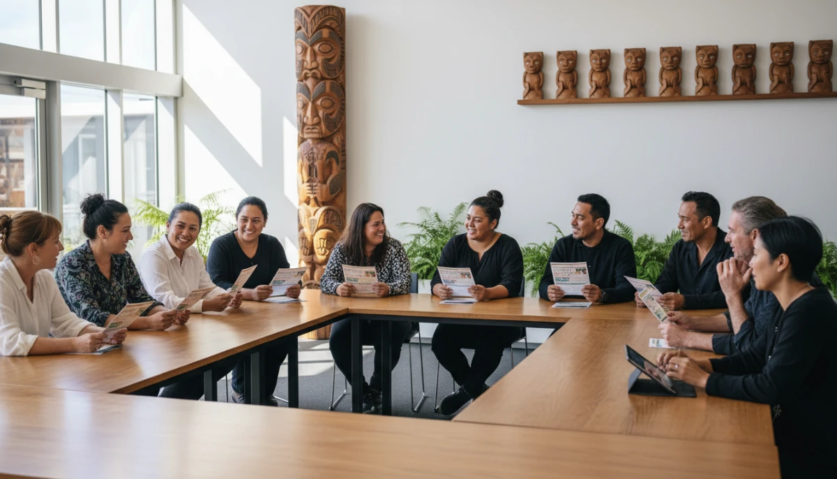 New Zealanders accessing local community resources in a modern centre