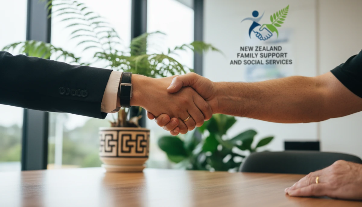 Handshake representing access to family support services in NZ