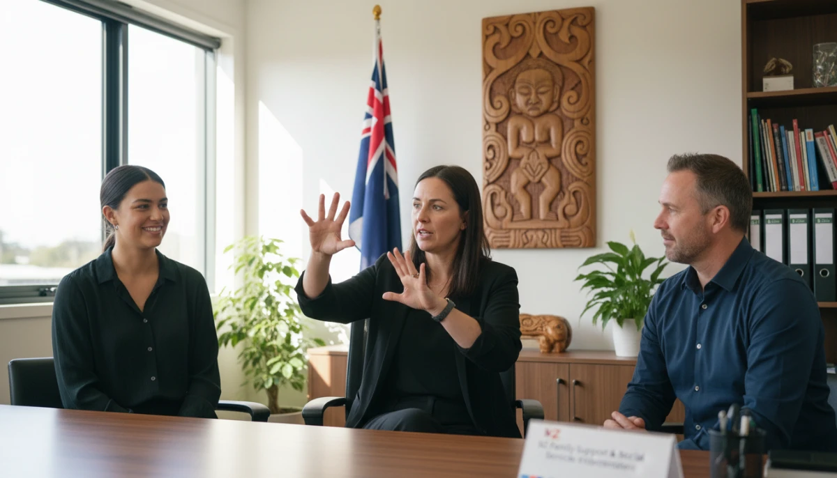 Sign language interpreter facilitating social service communication