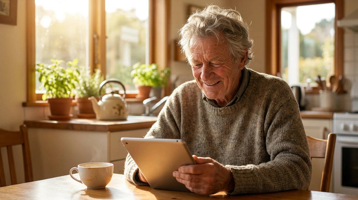 Senior citizen checking their eligibility for winter energy payment on a tablet