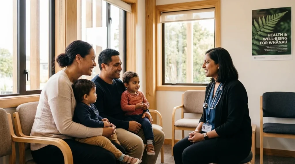 A professional New Zealand medical professional consulting with a diverse family in a modern clinic, soft lighting, high-quality photography