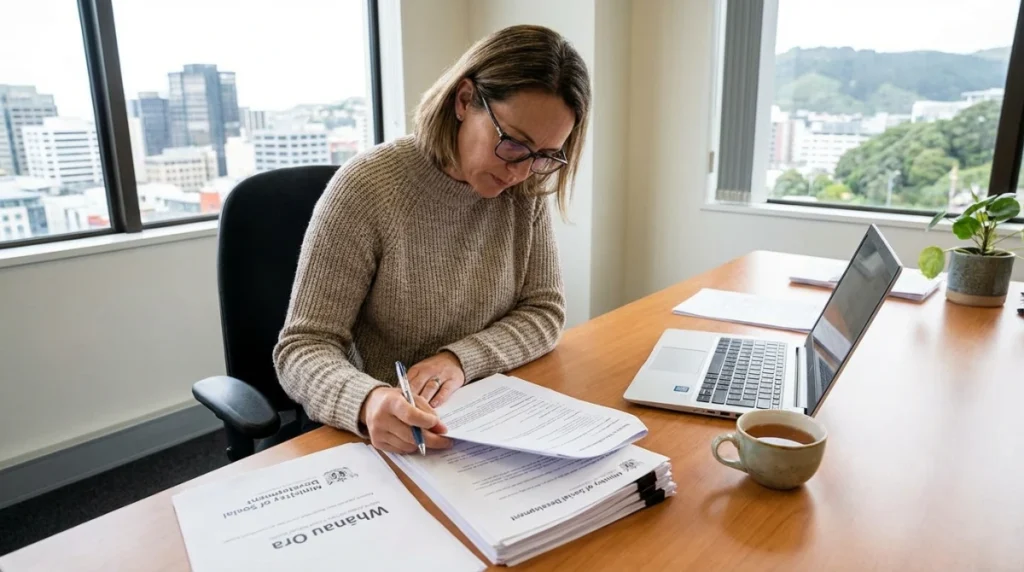 A professional New Zealand office setting with a focused individual reviewing government social service documents on a wooden desk with a laptop and a cup of tea, soft natural lighting.