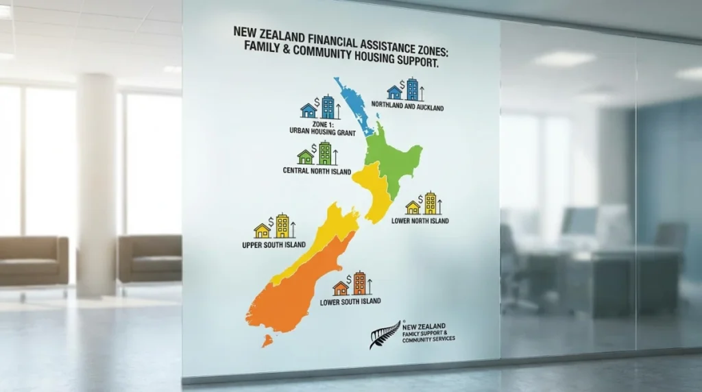 A professional infographic showing a map of New Zealand divided into four financial assistance zones with modern icons representing houses and apartments.