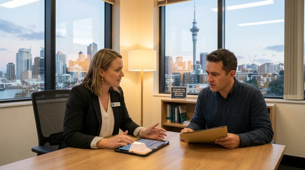 A professional New Zealand lawyer discussing digital rights with a concerned parent in a modern Auckland office, soft lighting, high resolution.