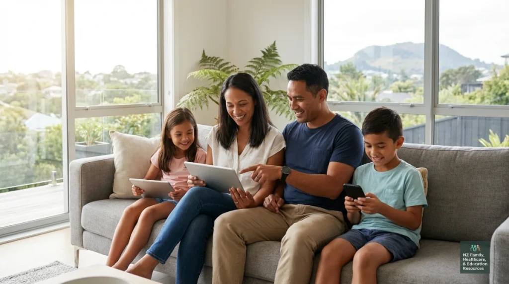 A modern Kiwi family sitting in a bright living room in Auckland, parents and two children using tablets and smartphones responsibly, high-quality photography, soft lighting.
