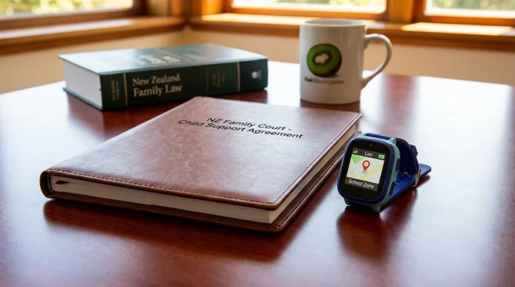 A professional legal document and a modern GPS child's smartwatch resting on a mahogany desk, representing NZ family law and technology.