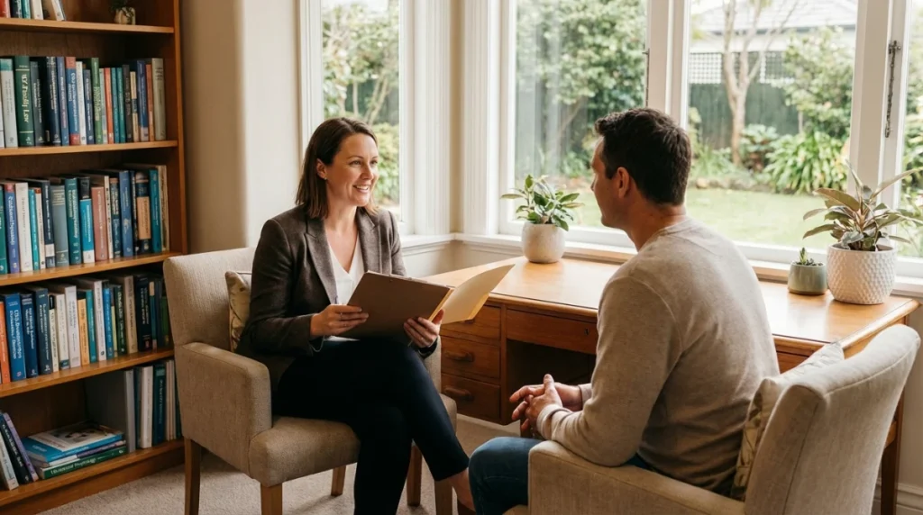 A professional office setting in New Zealand with a psychologist sitting across from a parent, holding a clipboard and a folder. The atmosphere is warm, professional, and bright, featuring a bookshelf with educational psychology texts in the background.