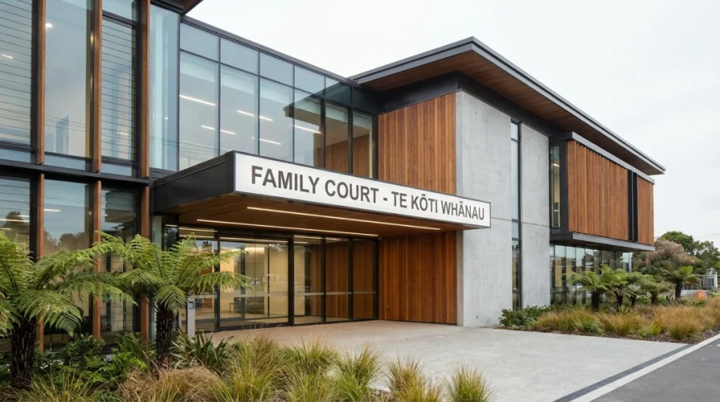 A professional New Zealand family court building exterior with clean modern architecture and a sign that says Family Court, soft daylight, high resolution.