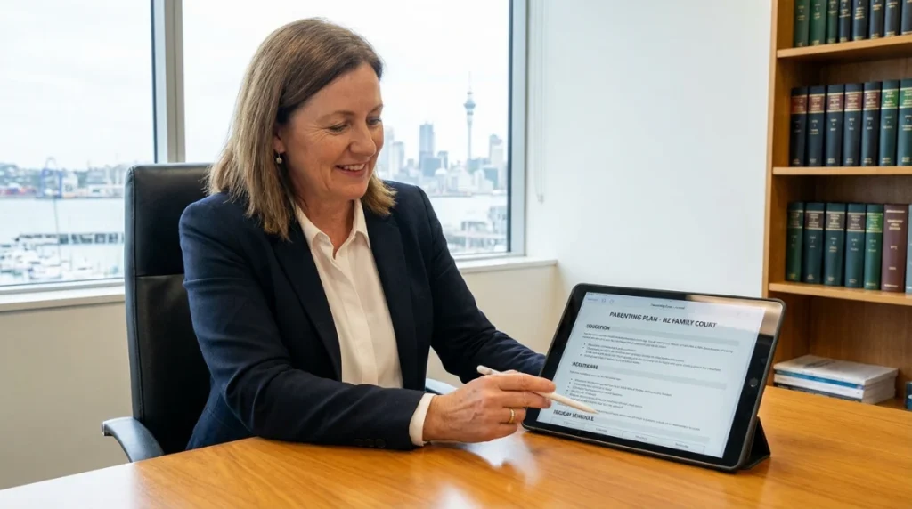 A professional New Zealand family lawyer sitting at a desk with a digital tablet showing a parenting plan document, clear and bright office setting, high resolution