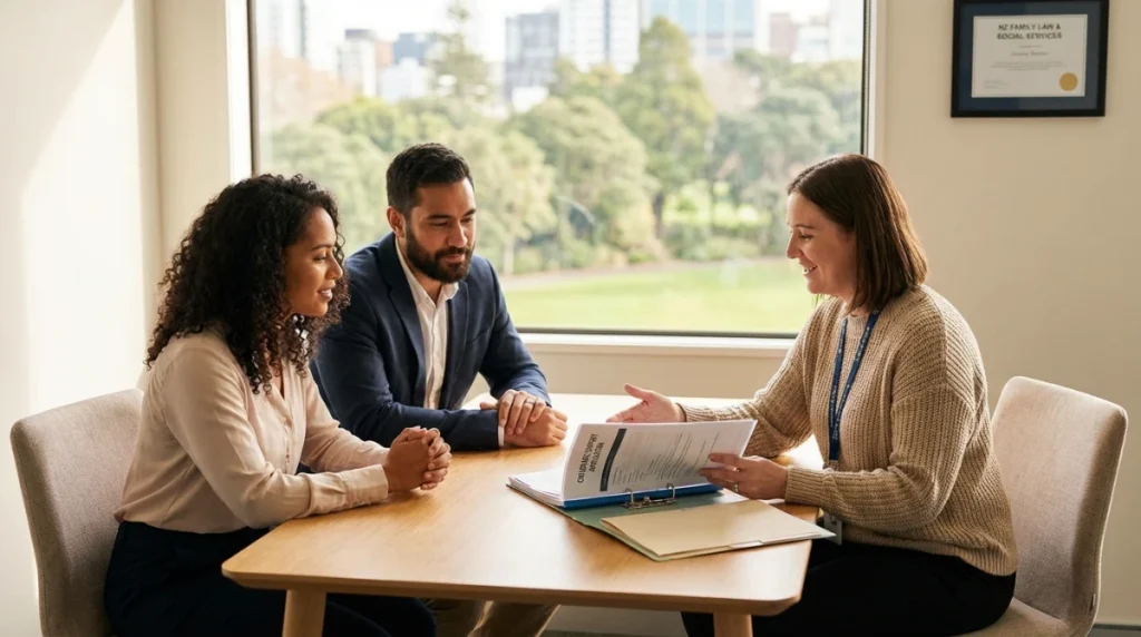 A professional New Zealand office setting showing a diverse couple sitting with a social worker discussing paperwork for childcare support, warm lighting, high quality photography
