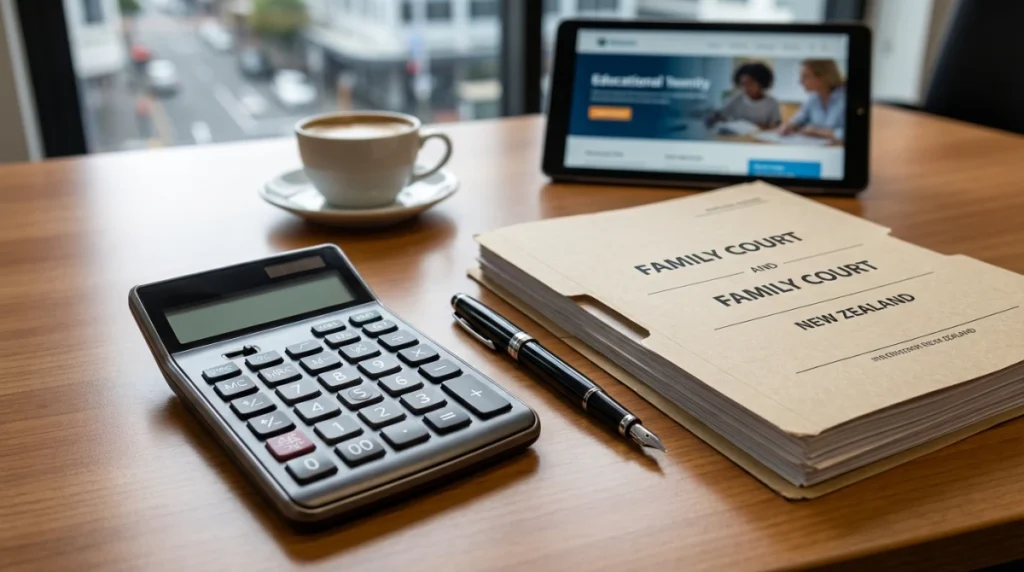 A high-quality, professional photo of a modern calculator, a fountain pen, and legal documents on a wooden desk, symbolizing financial and legal calculations in New Zealand.