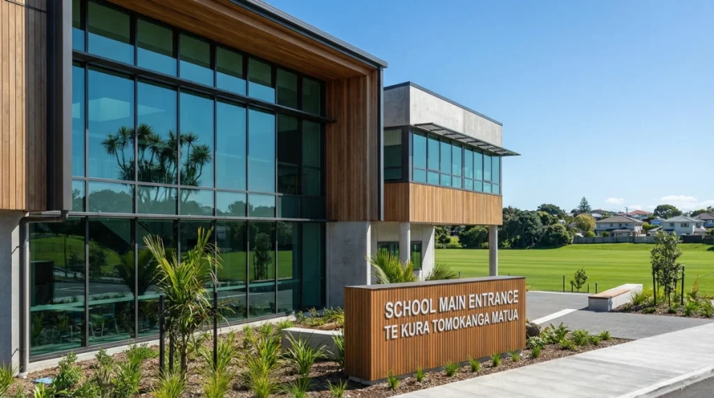 A modern New Zealand high school building with glass windows, green fields in the background, and a sign that says 'School Main Entrance' in a sunny Auckland suburb.