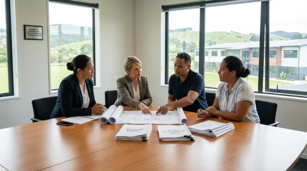 A professional medium shot of a diverse group of parents and a school principal sitting around a wooden table in a brightly lit, modern New Zealand school boardroom, looking at architectural plans and educational documents. Natural light, professional atmosphere.