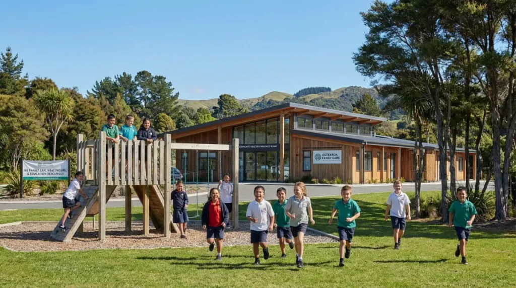 A diverse group of healthy New Zealand children playing in a sunny park with a modern medical clinic in the background, professional photography style